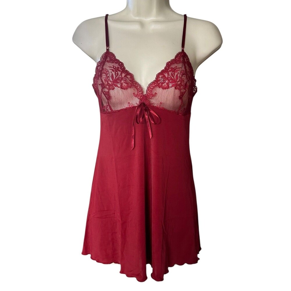 KOM Women's Chemise Mini Sleep Dress Sleeveless w/ Lace & Tie Size M Red